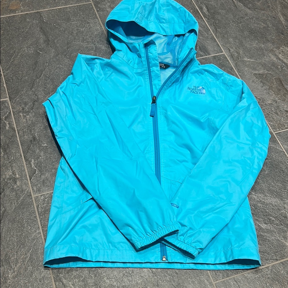 The North Face girls, pale blue size large(14/16) hooded dry vent rain jacket